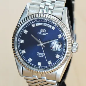 ORIENT Automatic Sapphire Watch President Oyster Ref. EV0J-C0-B Wristwatch Blue & Diamond Dial