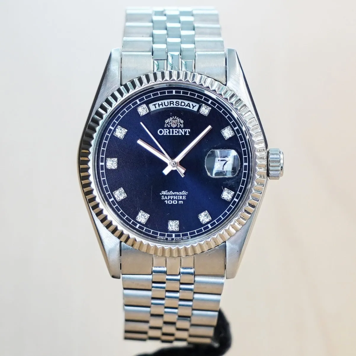 ORIENT Automatic Sapphire Watch President Oyster Ref. EV0J-C0-B Wristwatch Blue & Diamond Dial