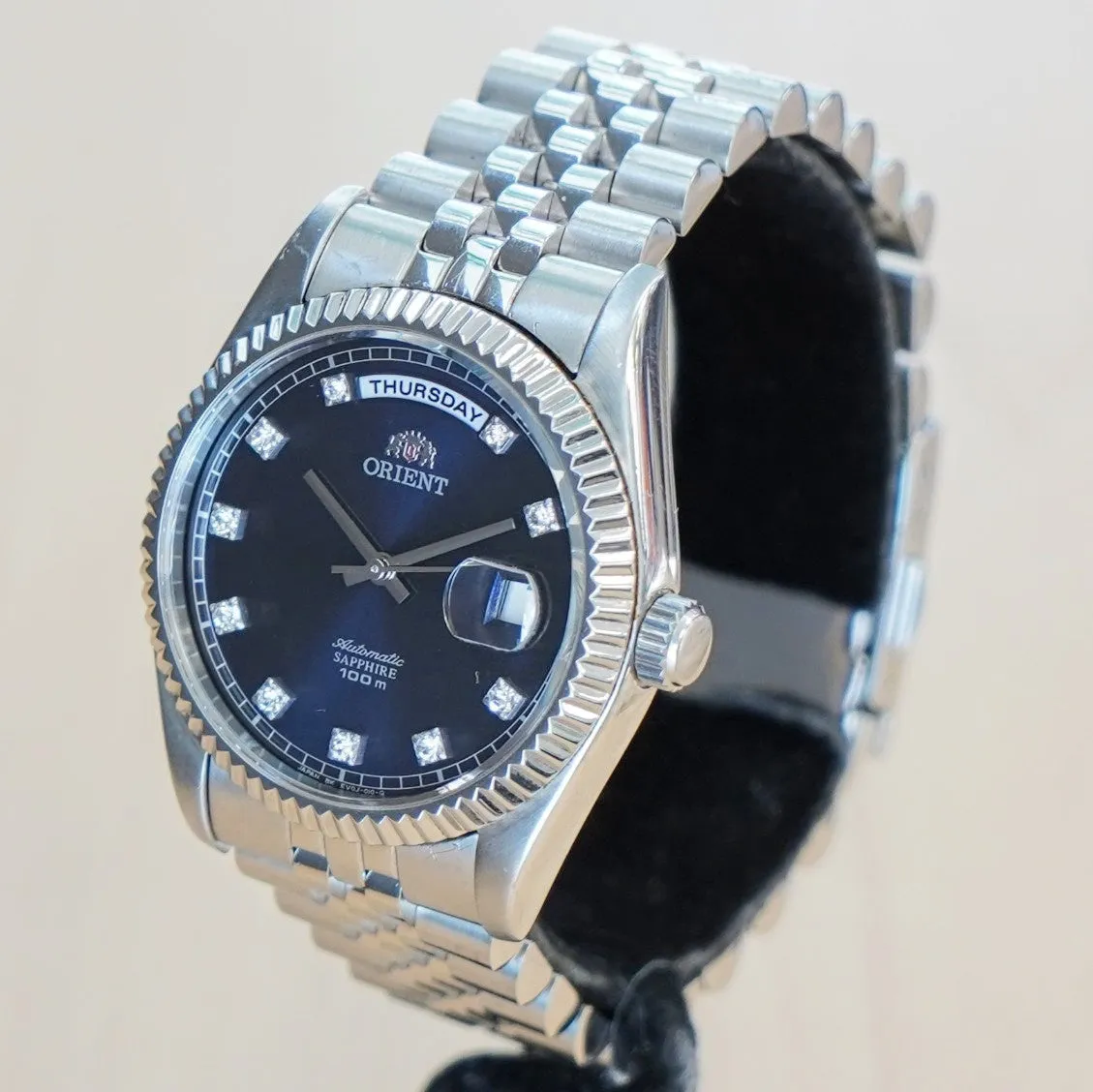 ORIENT Automatic Sapphire Watch President Oyster Ref. EV0J-C0-B Wristwatch Blue & Diamond Dial