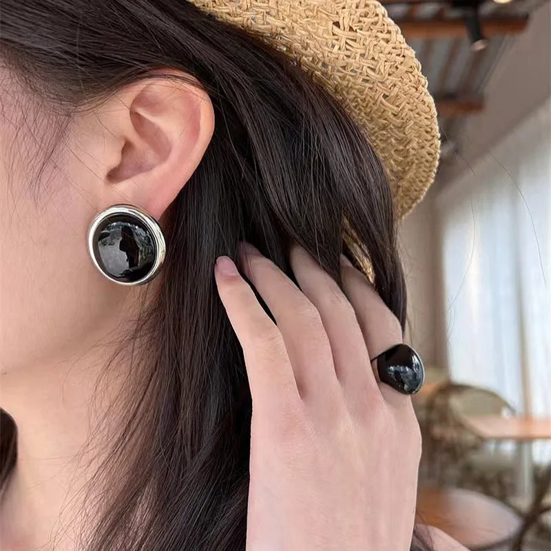 Oval Stud Earrings: White Mother-of-Pearl, Black Agate, Wood Grain Stone