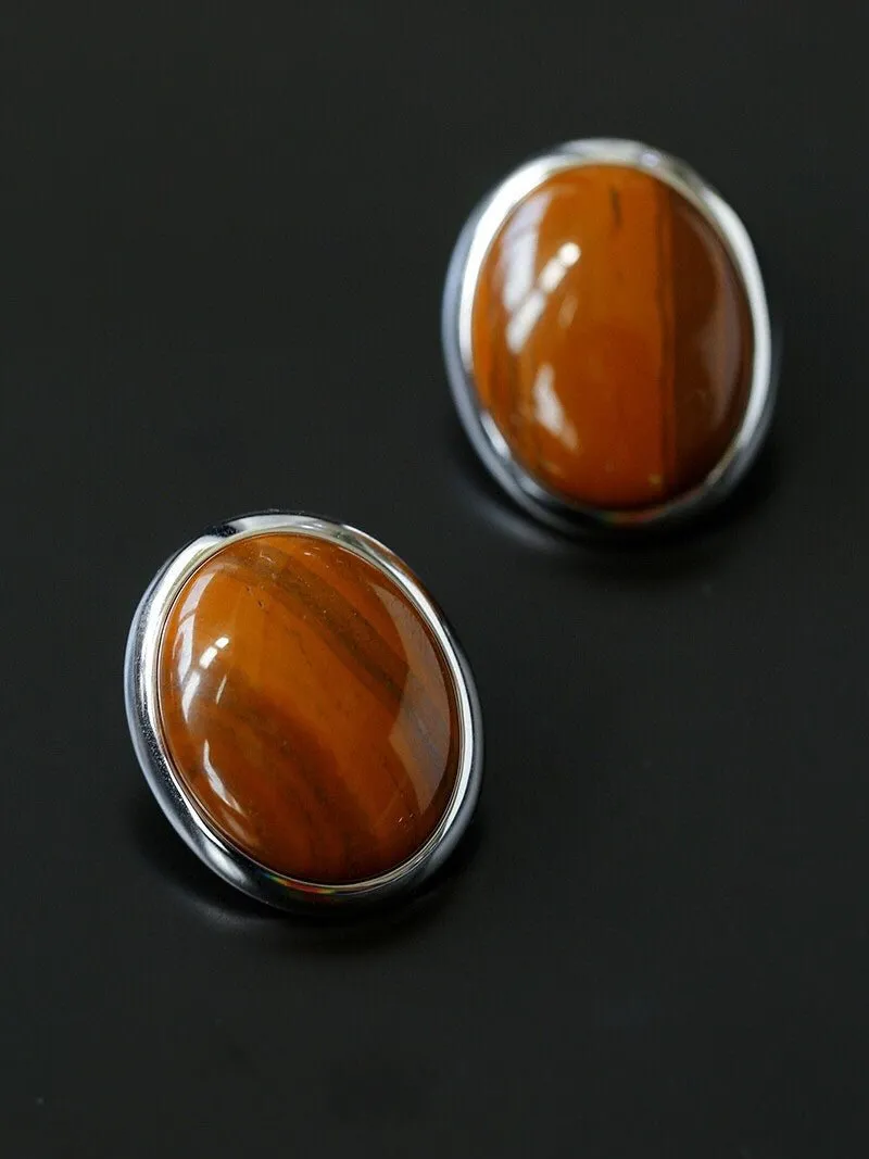 Oval Stud Earrings: White Mother-of-Pearl, Black Agate, Wood Grain Stone
