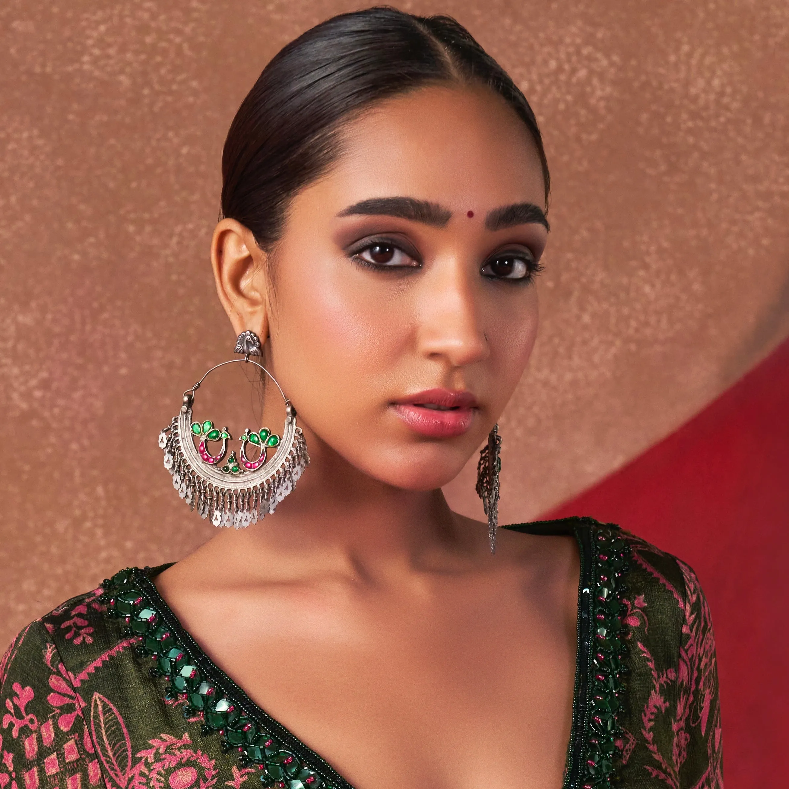 Oversized Green & Pink Peacock Silver Chandbali