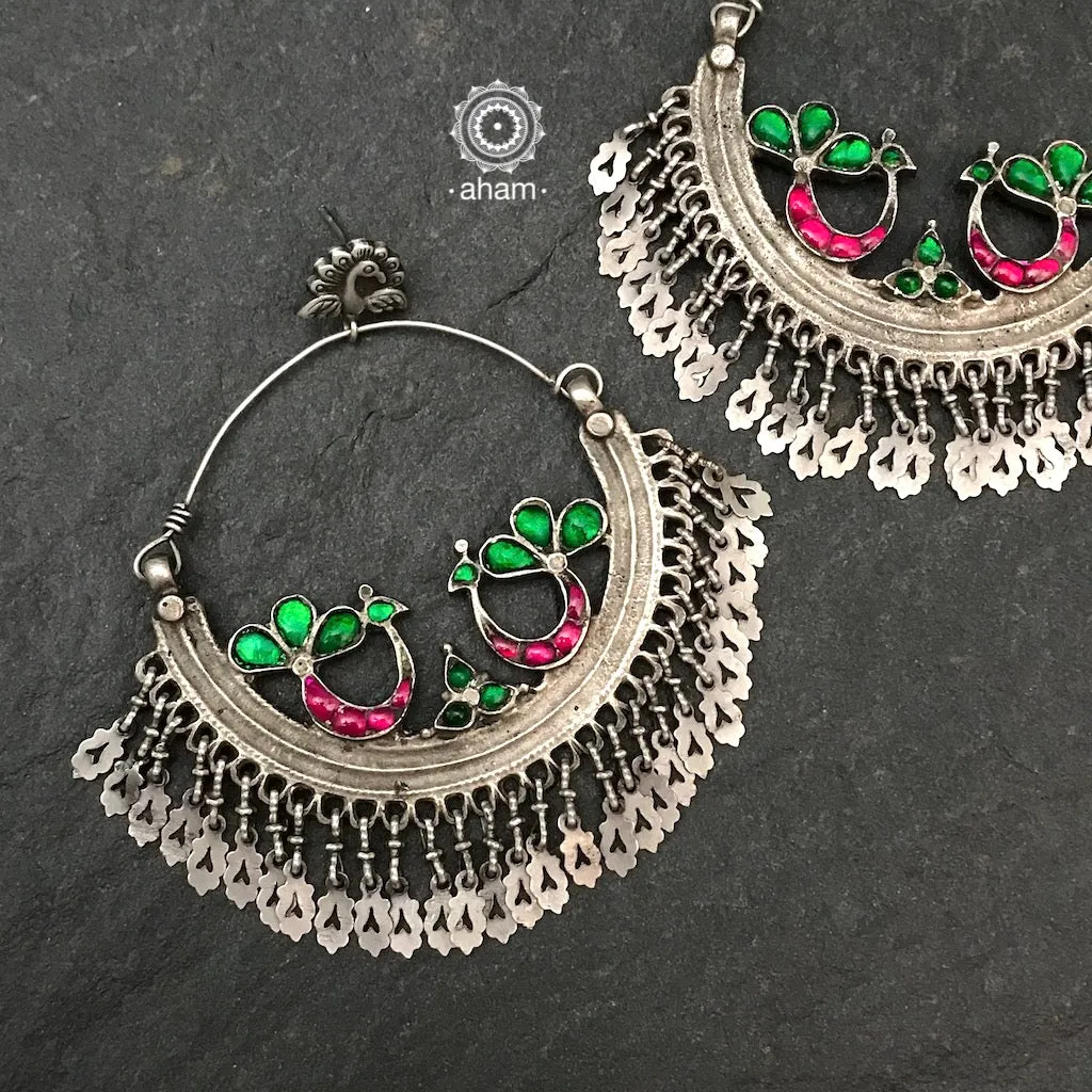 Oversized Green & Pink Peacock Silver Chandbali