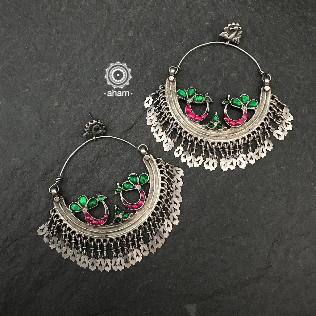 Oversized Green & Pink Peacock Silver Chandbali