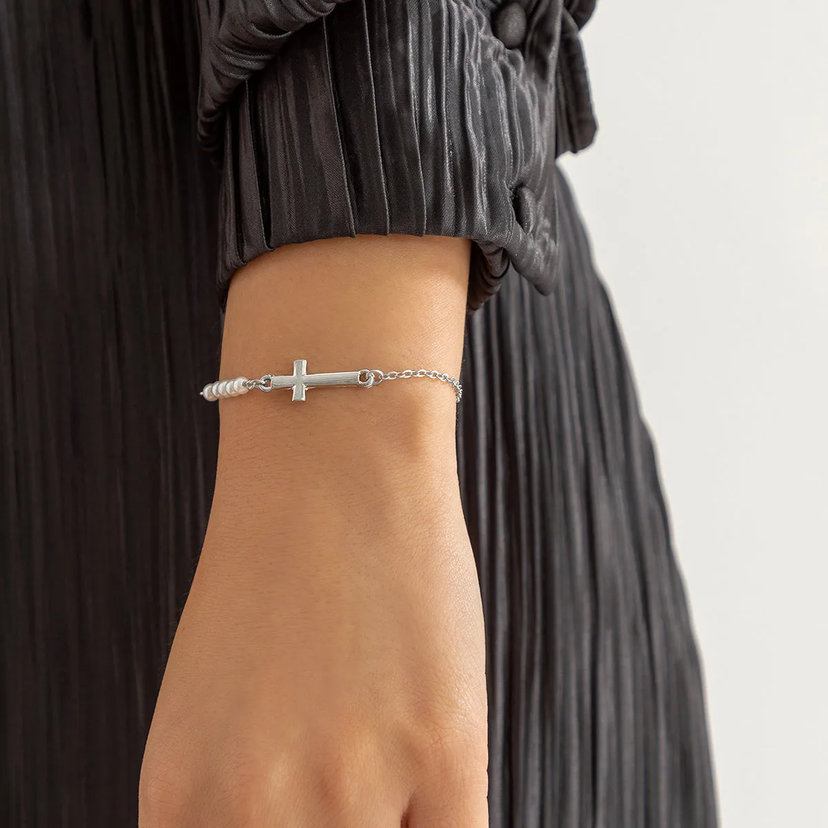 Pearl & Silver-Plated Cross Charm Bracelet