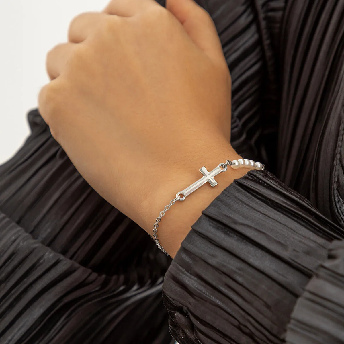 Pearl & Silver-Plated Cross Charm Bracelet