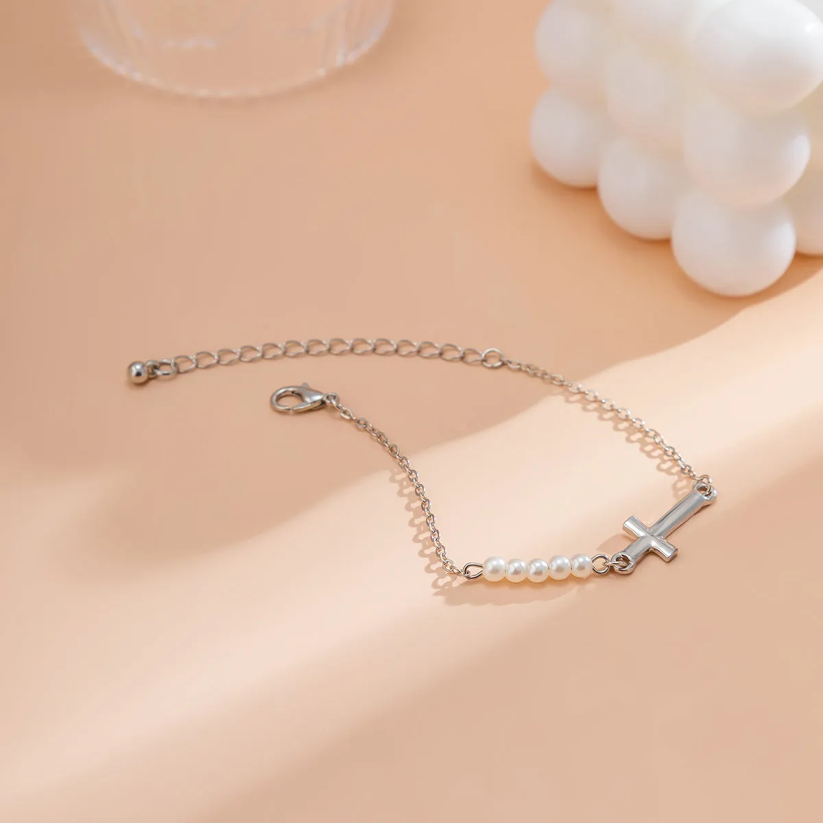 Pearl & Silver-Plated Cross Charm Bracelet