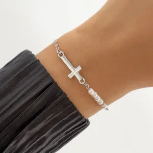 Pearl & Silver-Plated Cross Charm Bracelet