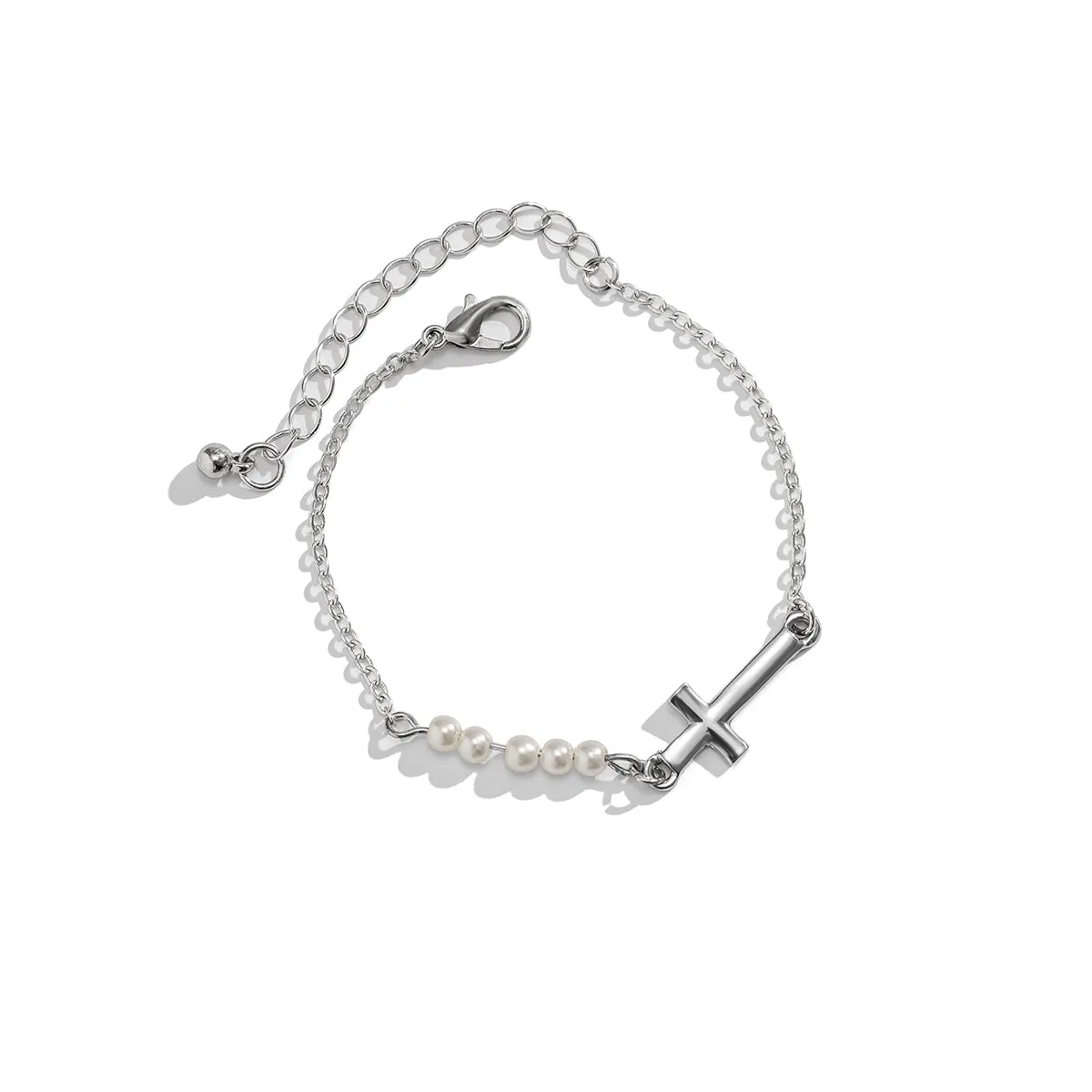 Pearl & Silver-Plated Cross Charm Bracelet