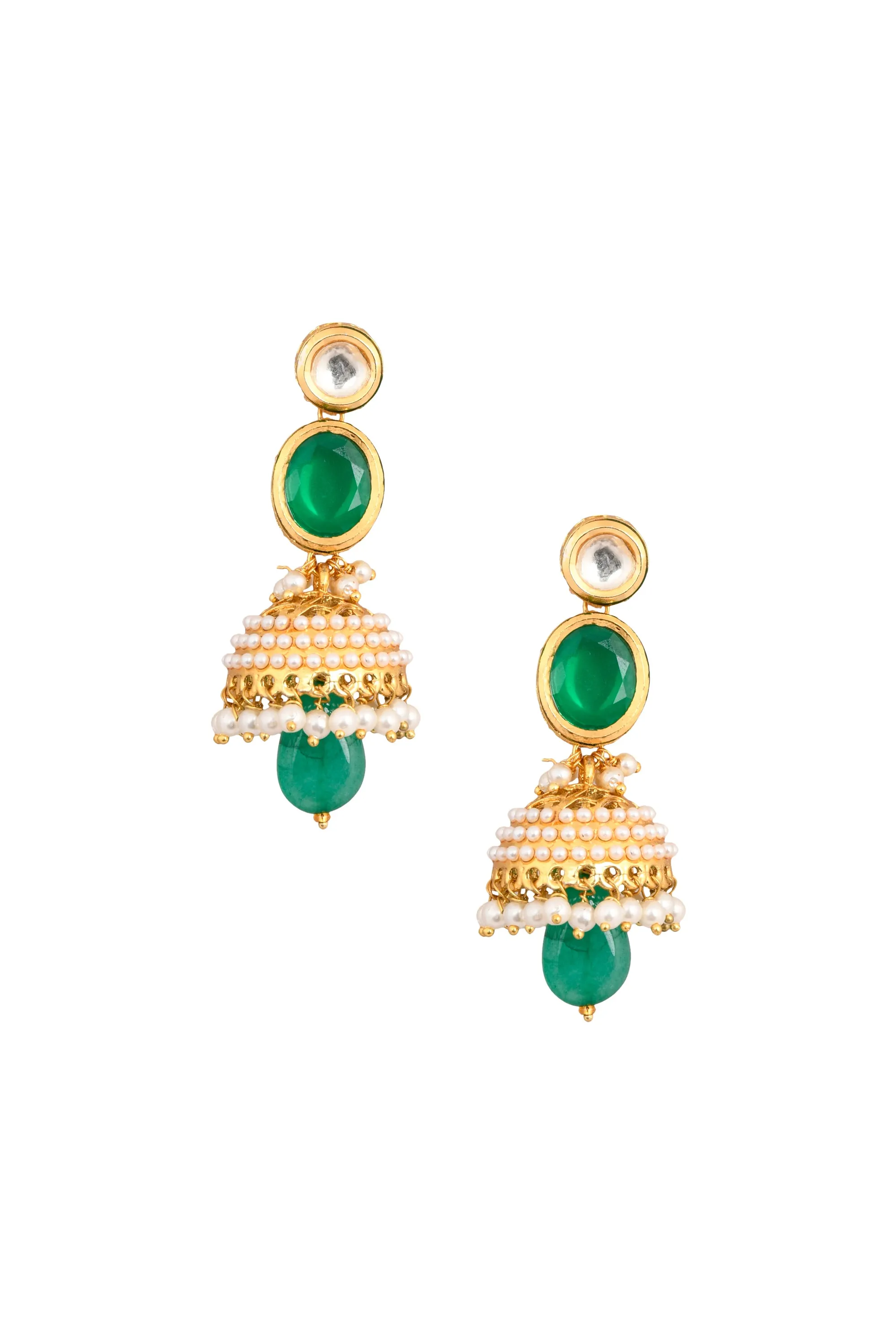 Pearl Beaded Green Circular Shaped Kundan Earrings
