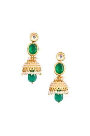 Pearl Beaded Green Circular Shaped Kundan Earrings