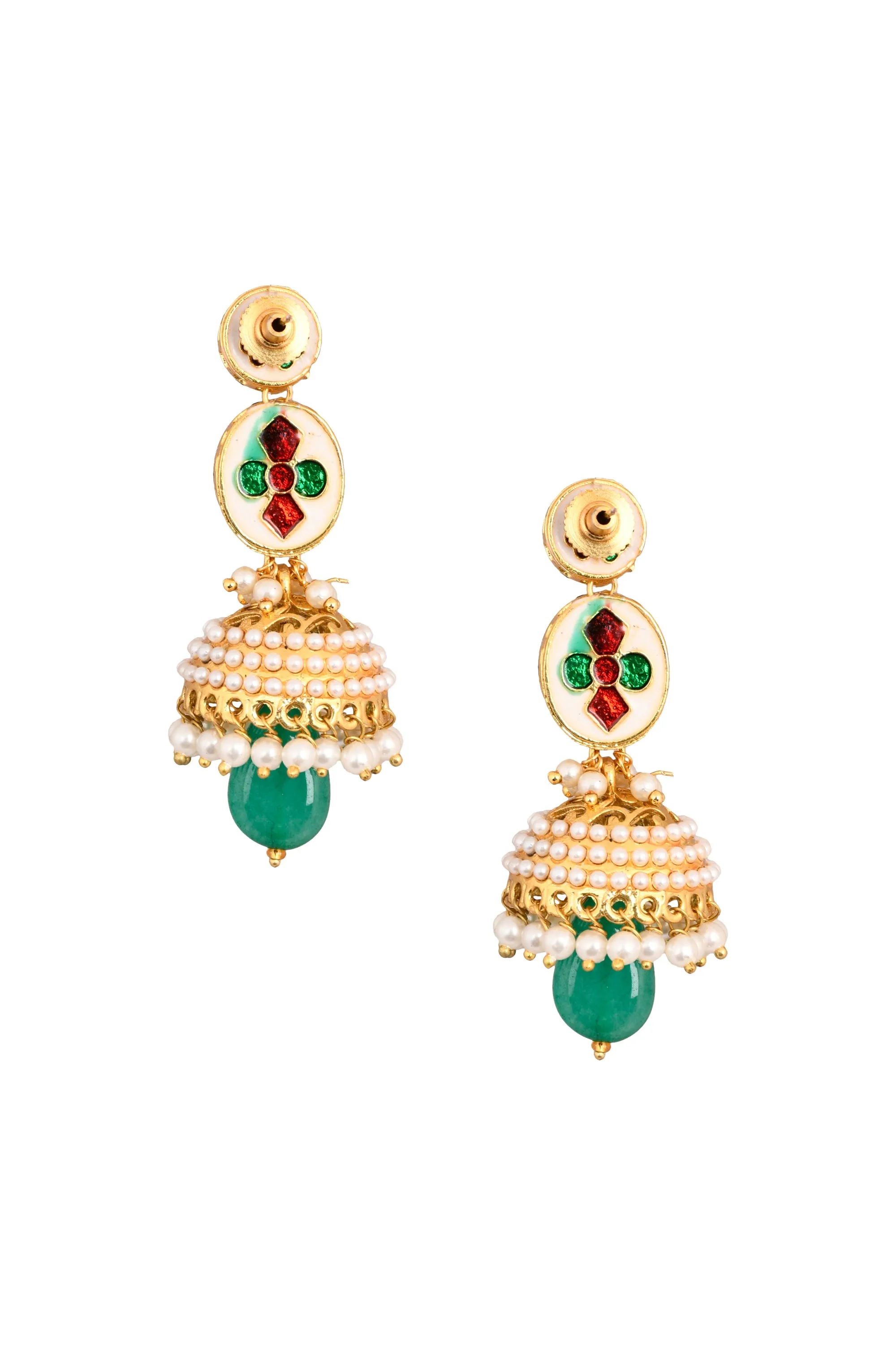 Pearl Beaded Green Circular Shaped Kundan Earrings