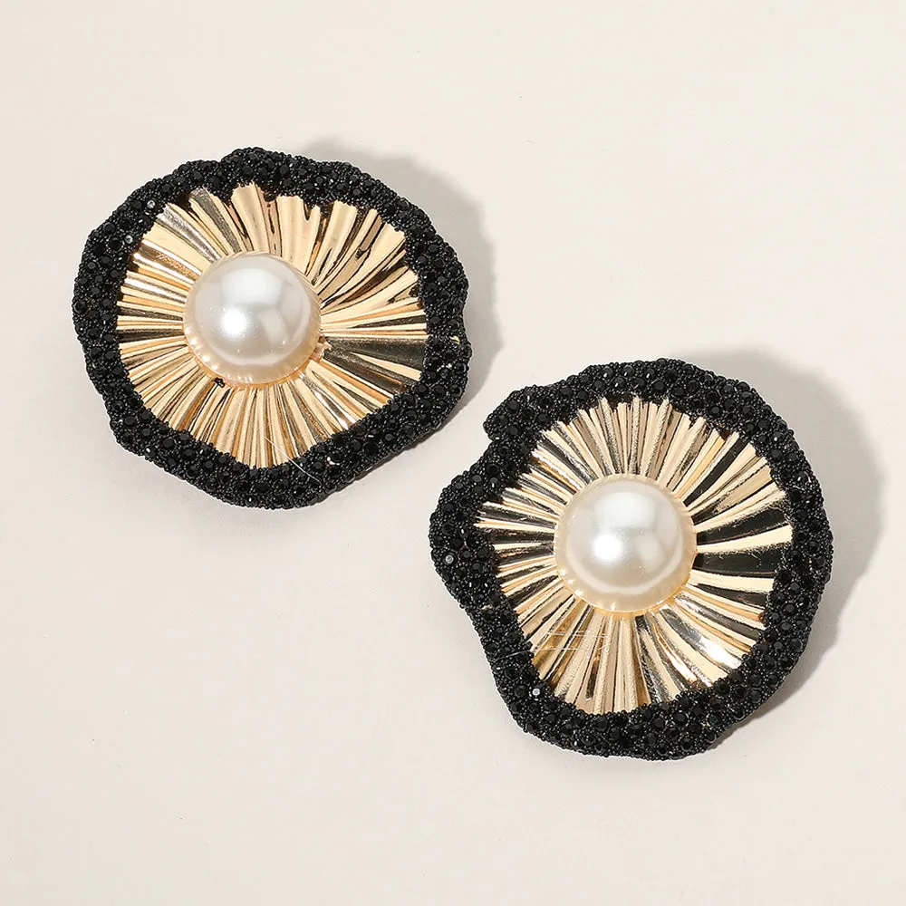 Pearl Pointed Stone Paved Rim Flower Earrings