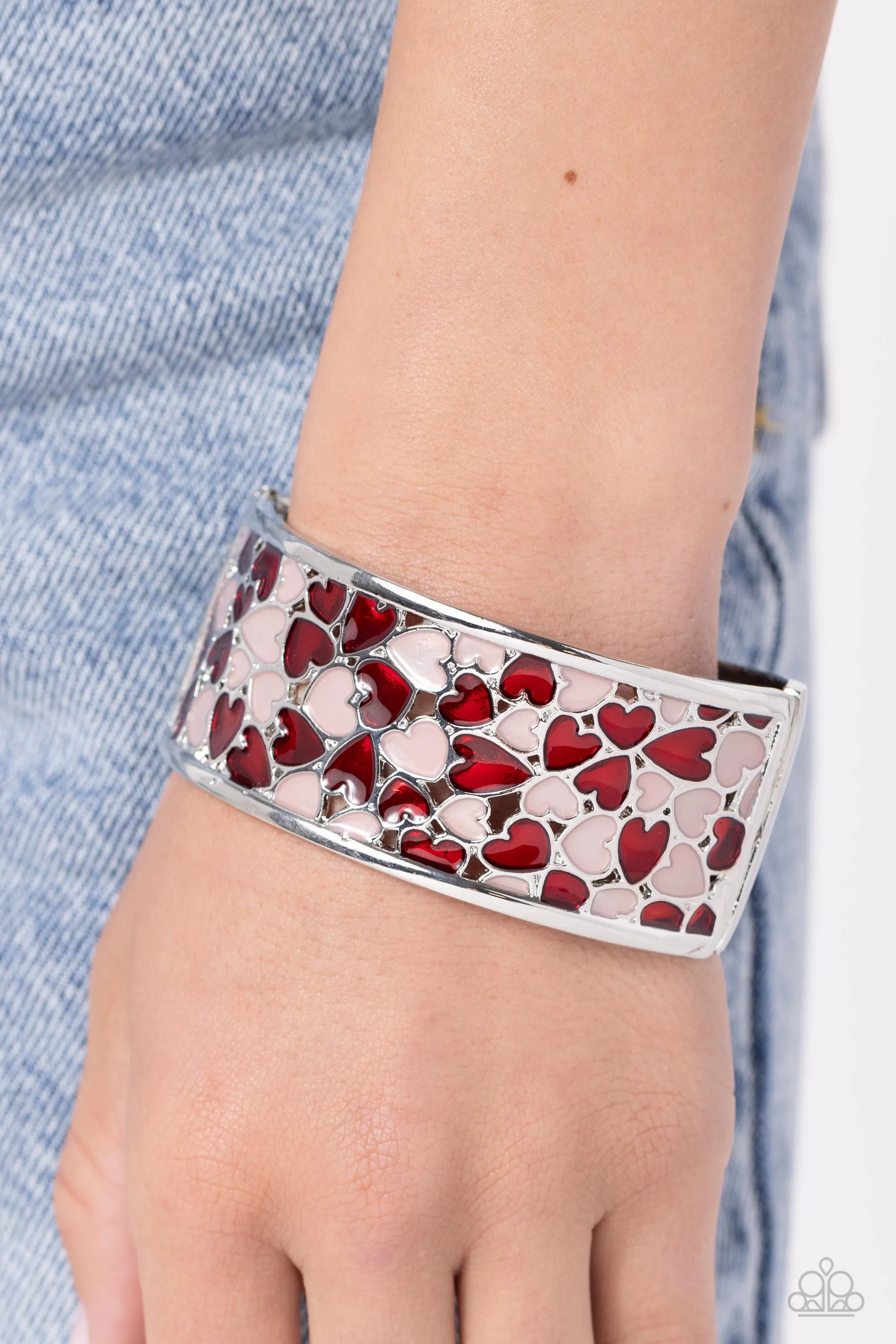Penchant for Patterns - Red - and Pink Painted Heart Paparazzi Hinge Bracelet