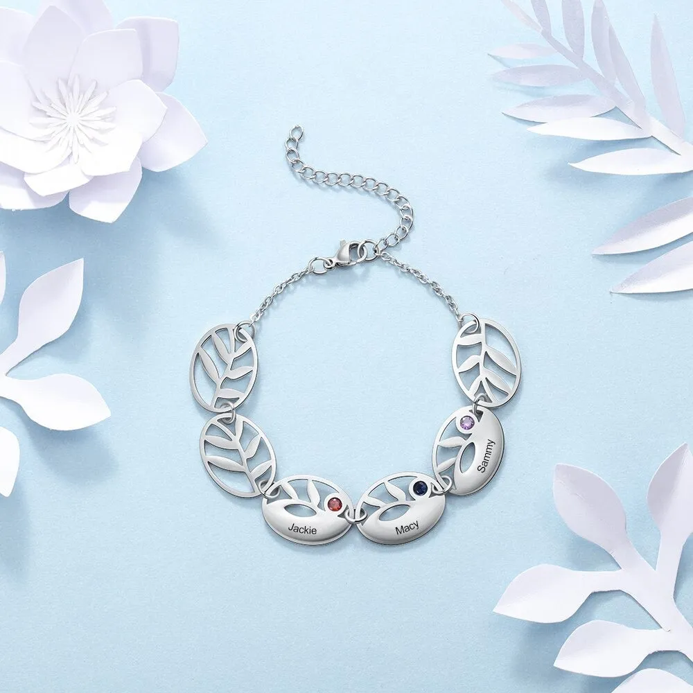 Personalized 3 Names Engraving Leaf Charm Bracelet