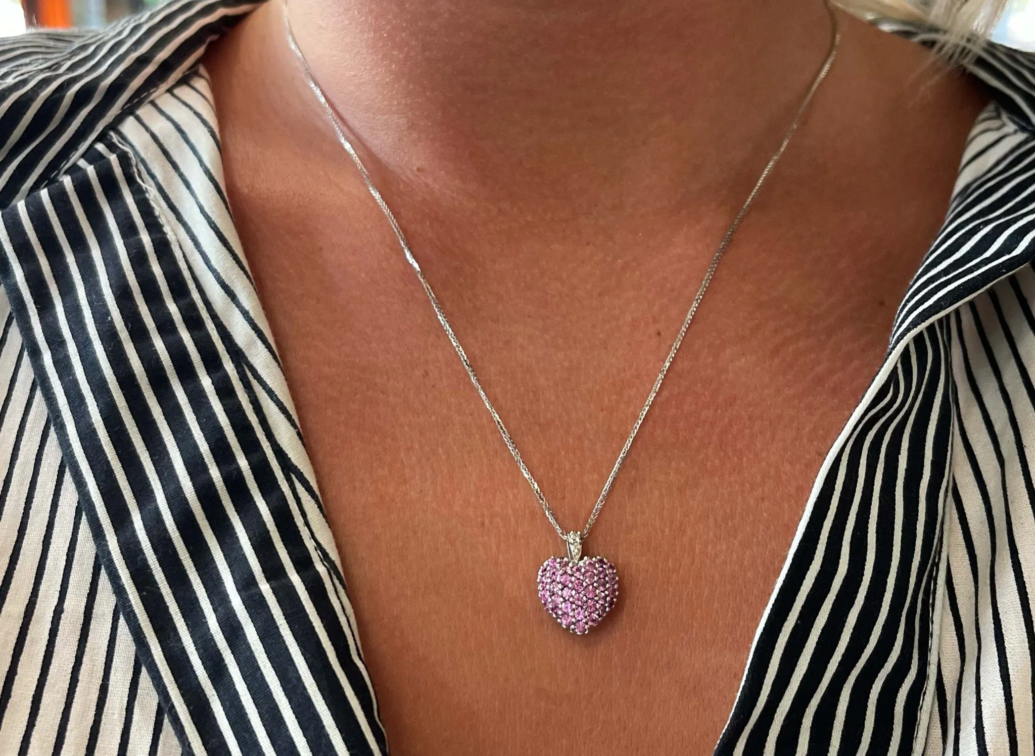 Pink Topaz and Diamond Heart Necklace 14K White Gold