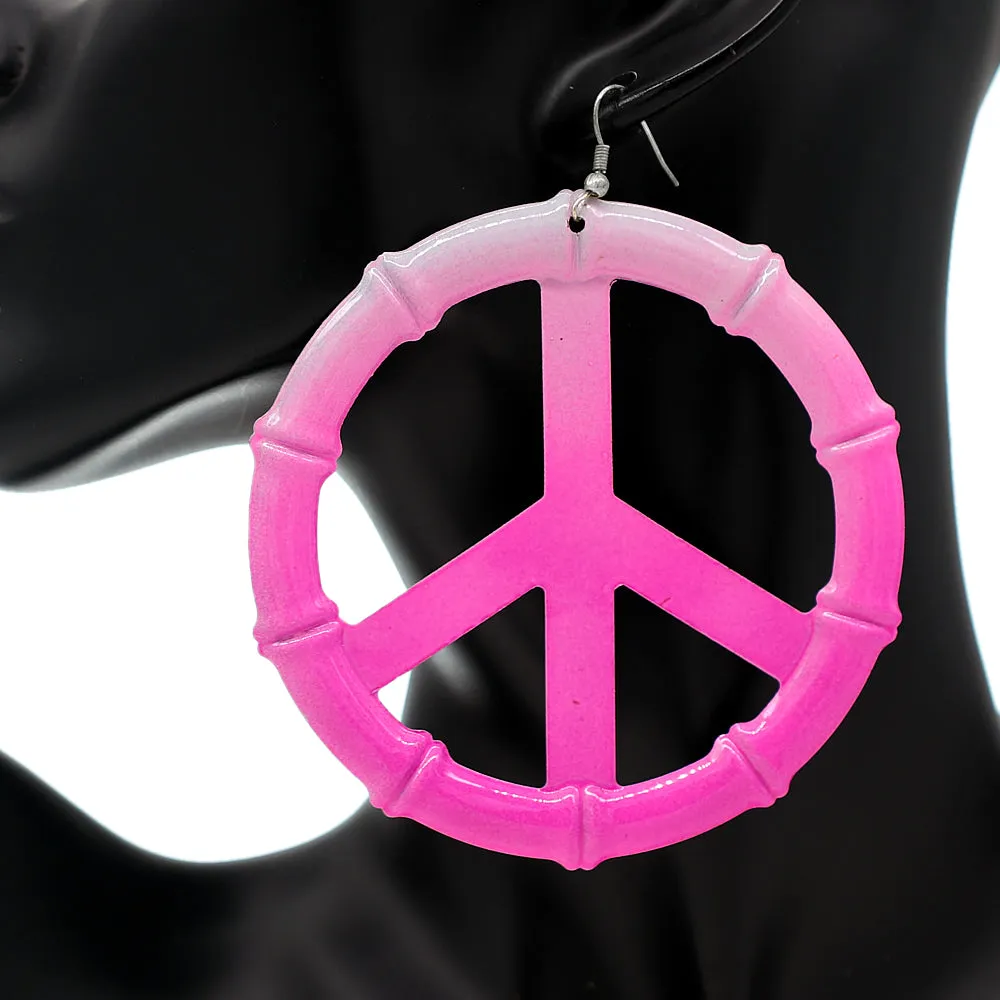Pink Two Tone Large Peace Sign Metal Earrings