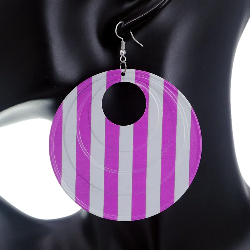 Pink White Striped Keyhole Dangle Earrings