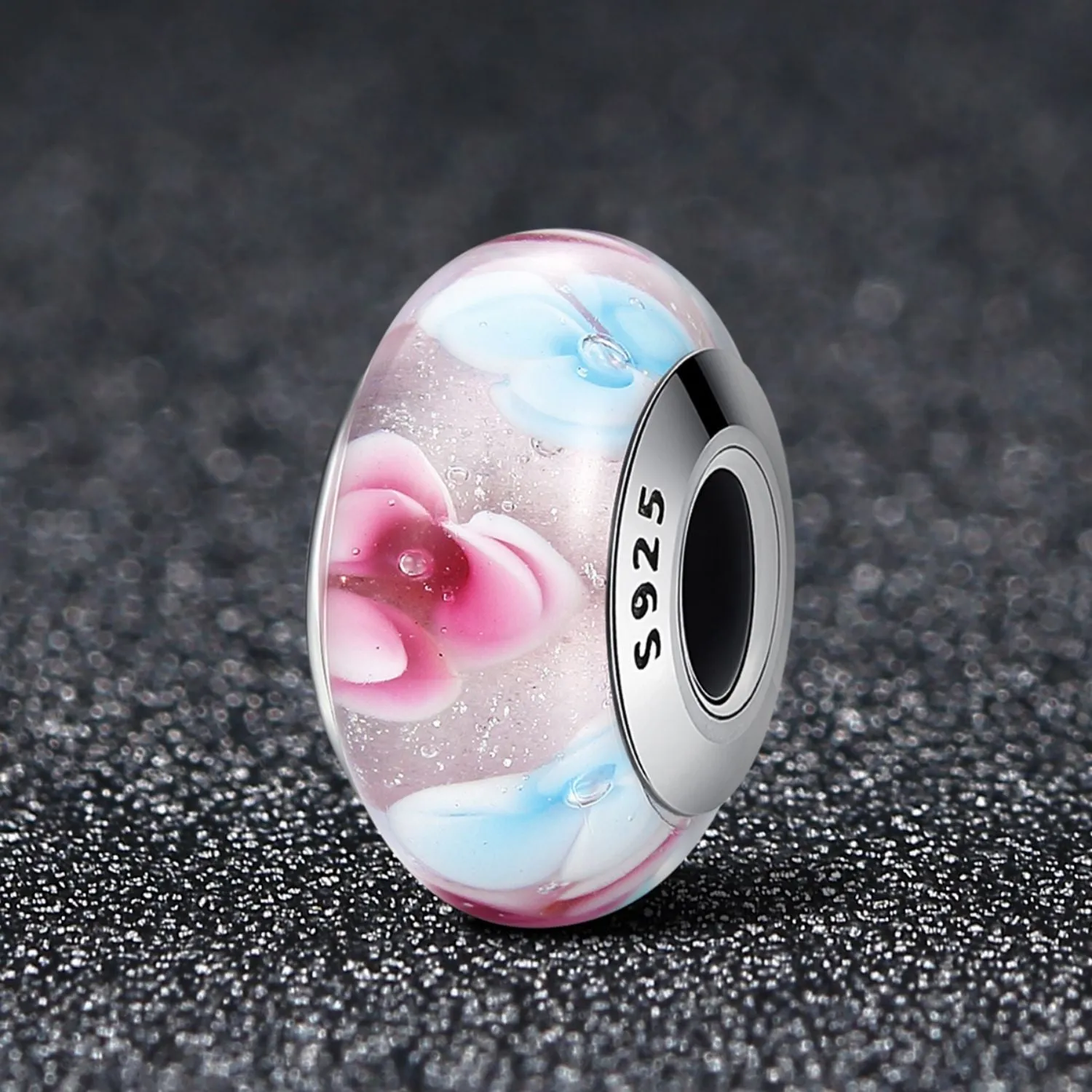 Pink with Flowers Murano Bead Charm
