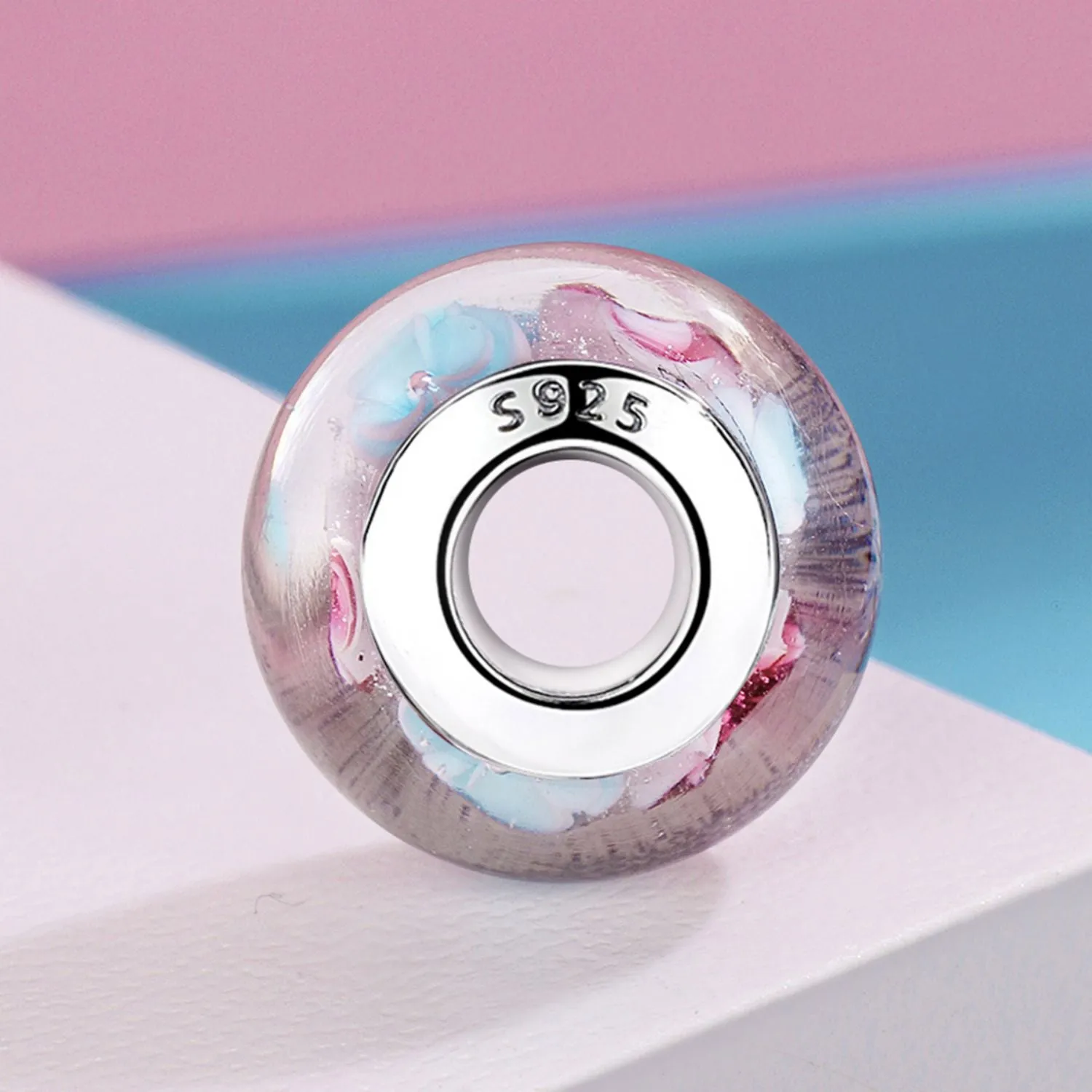 Pink with Flowers Murano Bead Charm