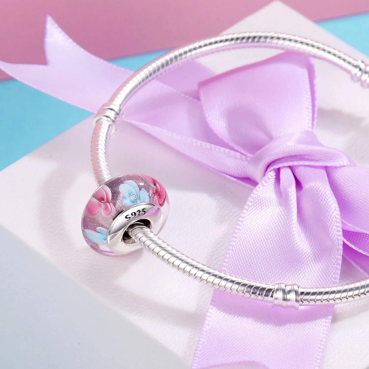 Pink with Flowers Murano Bead Charm