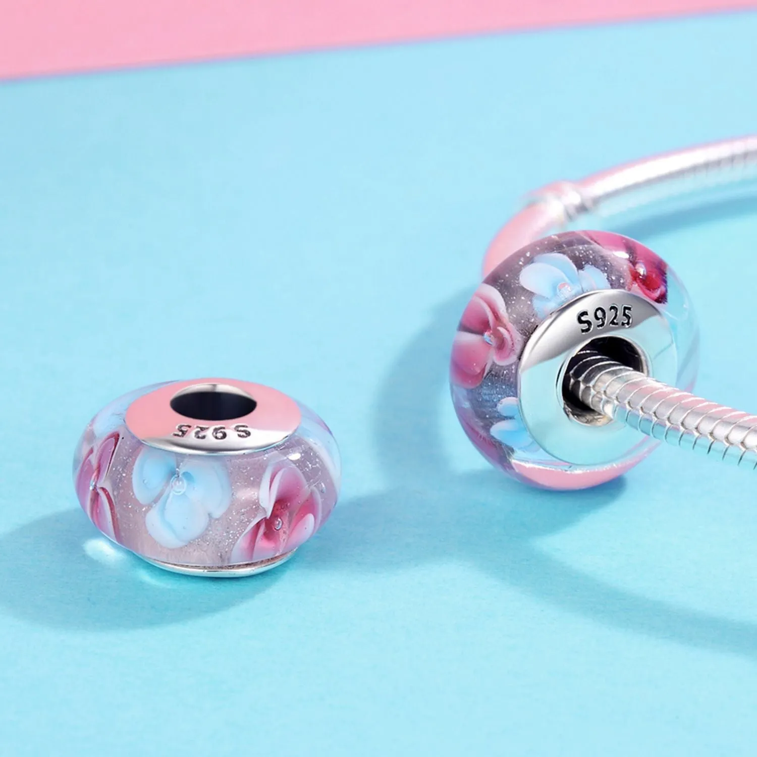 Pink with Flowers Murano Bead Charm