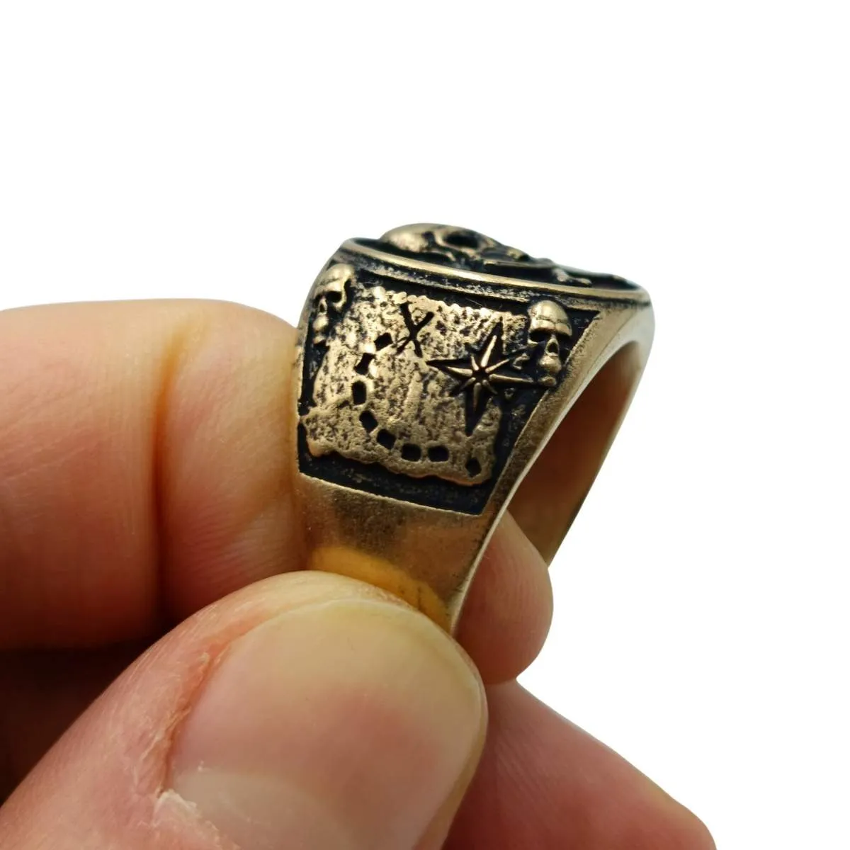 Pirate skull signet bronze ring