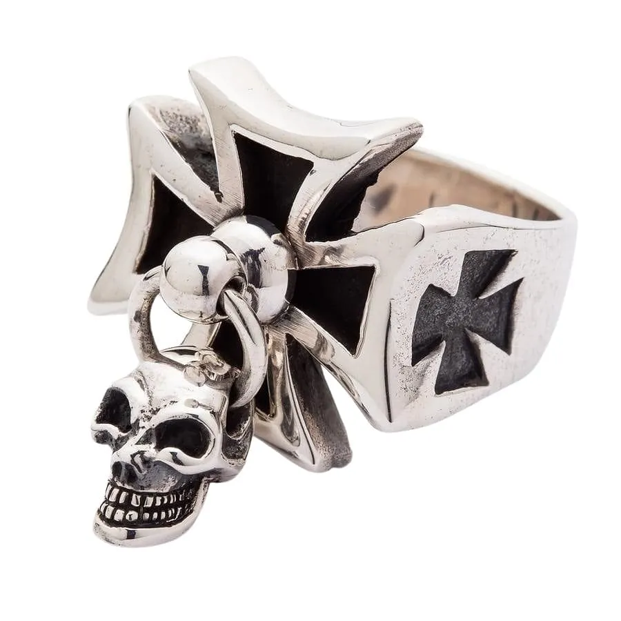 Punk Dangle Sterling Silver Cross Skull Ring
