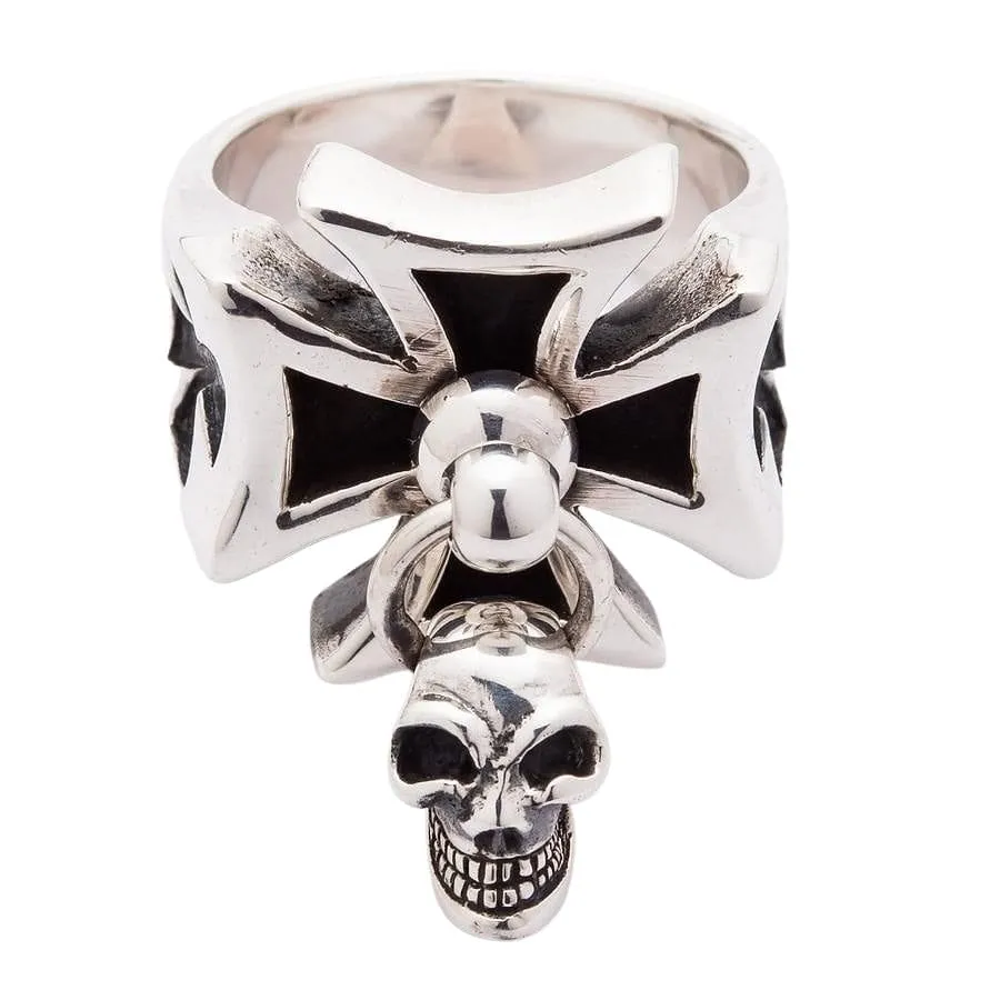 Punk Dangle Sterling Silver Cross Skull Ring
