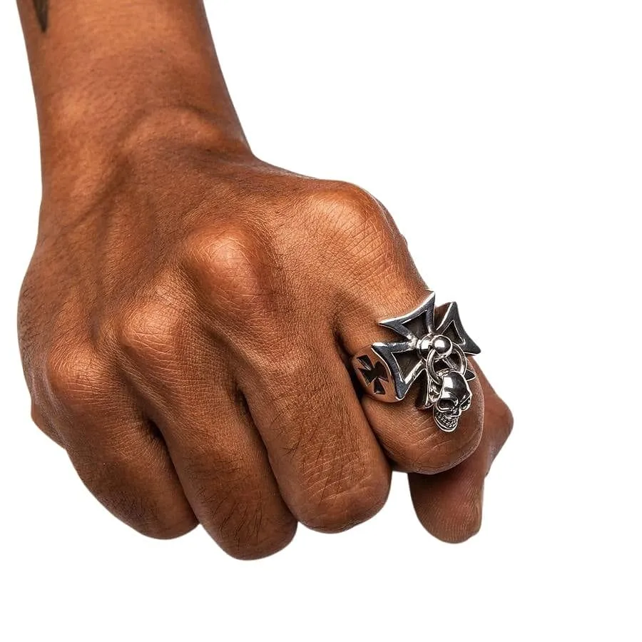 Punk Dangle Sterling Silver Cross Skull Ring