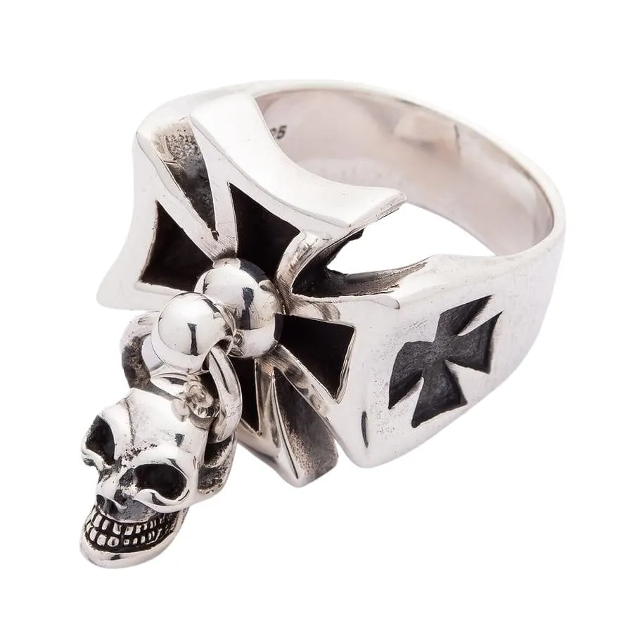 Punk Dangle Sterling Silver Cross Skull Ring
