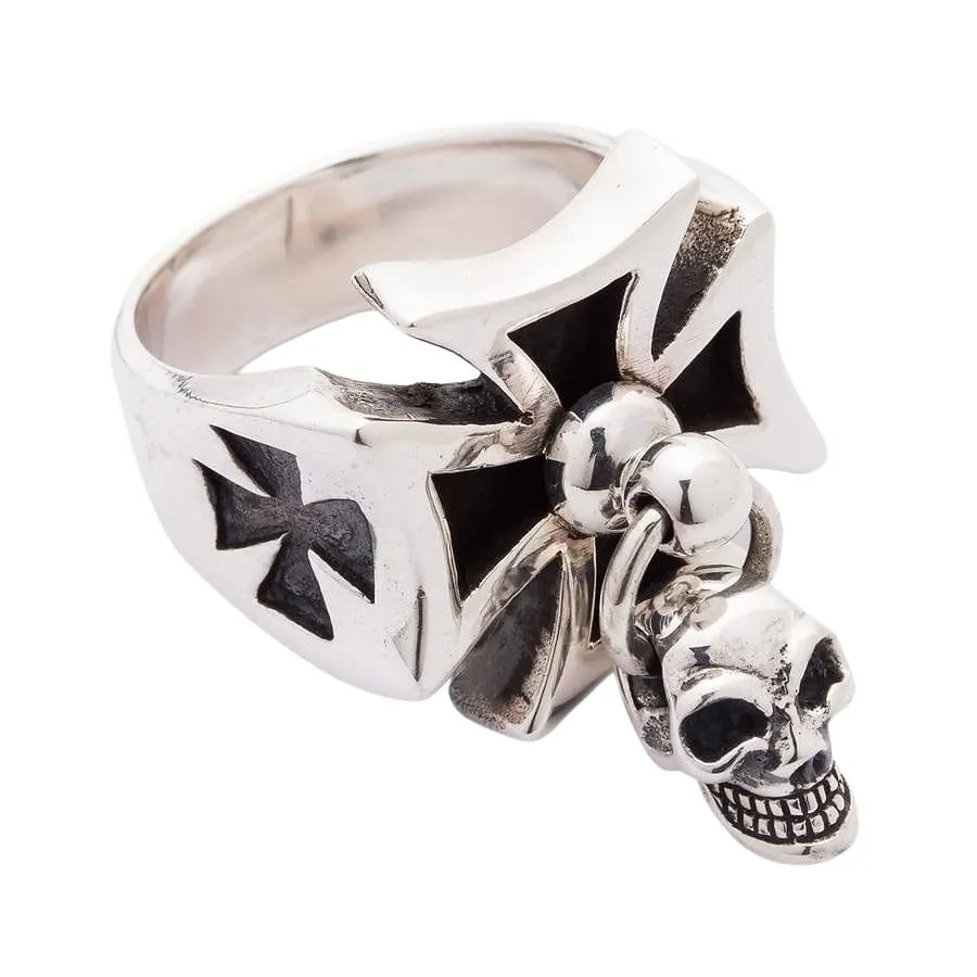 Punk Dangle Sterling Silver Cross Skull Ring