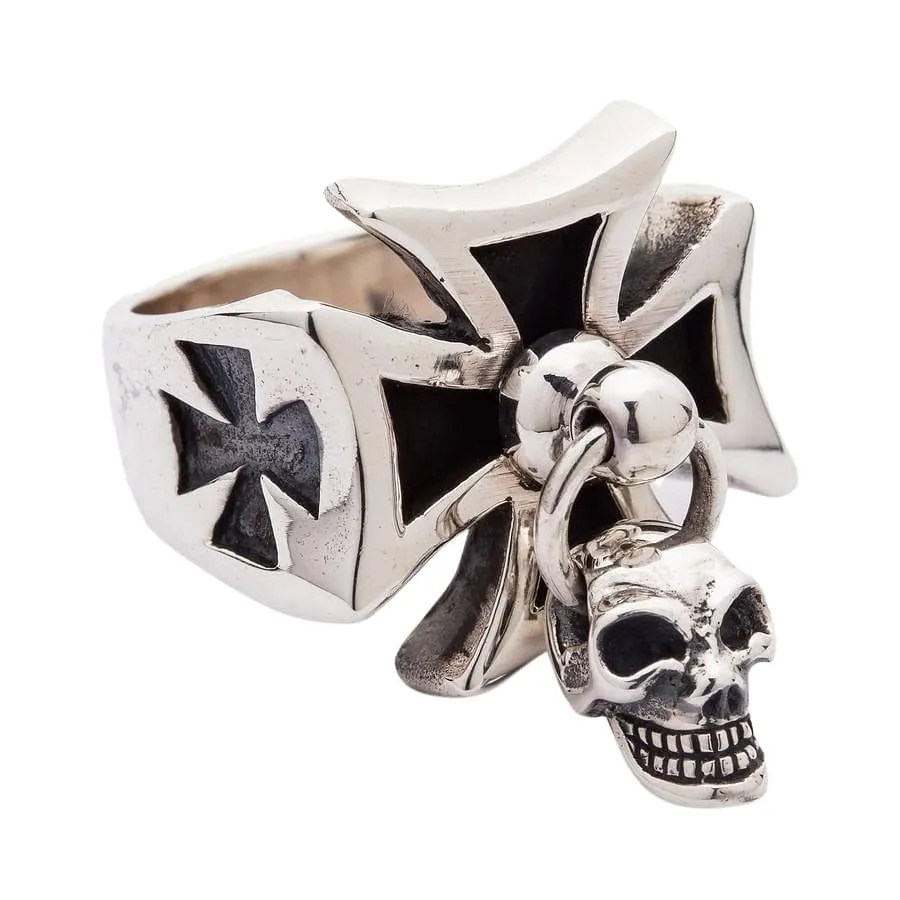 Punk Dangle Sterling Silver Cross Skull Ring
