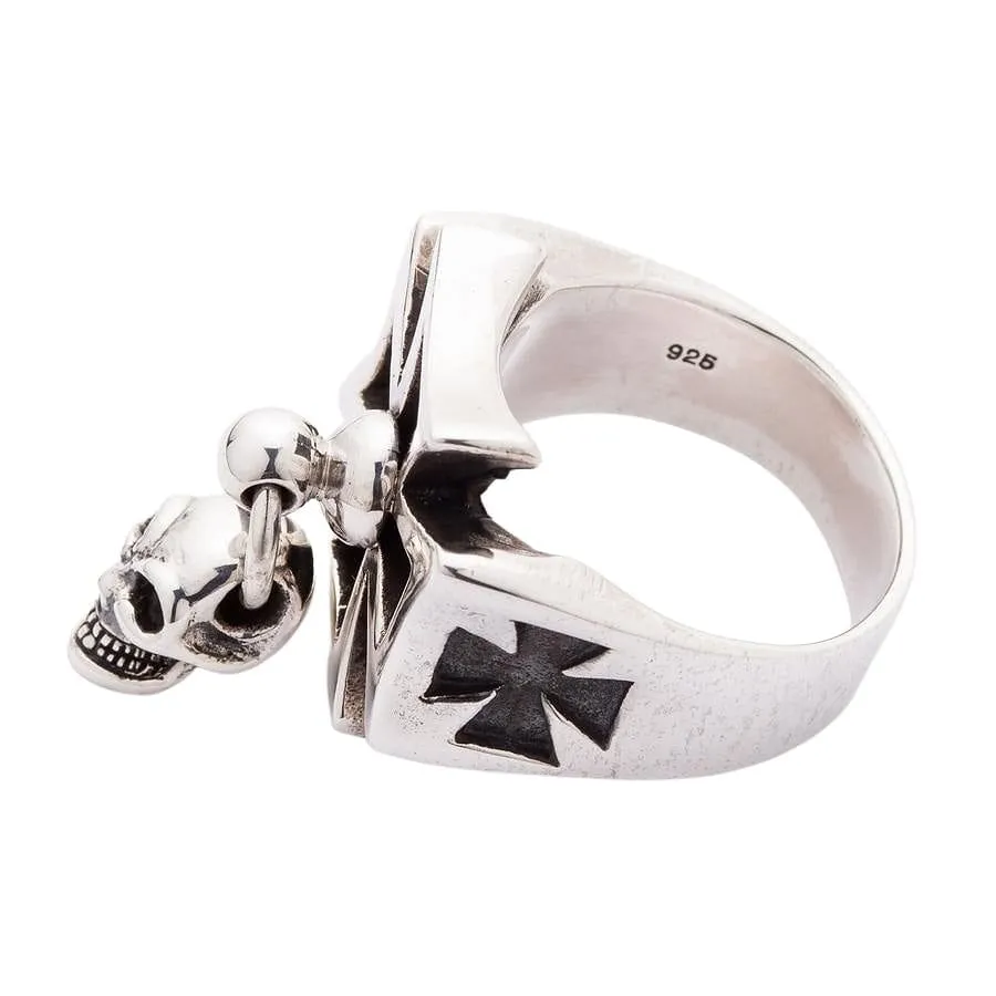 Punk Dangle Sterling Silver Cross Skull Ring