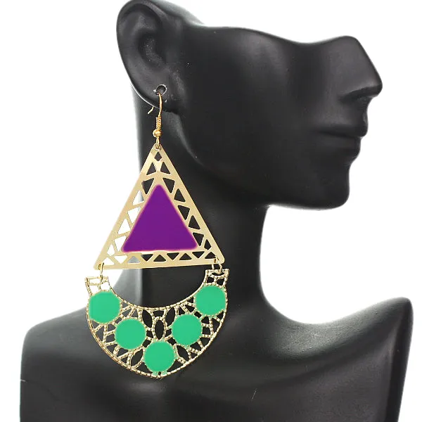 Purple Green Triangular Dangle Earrings