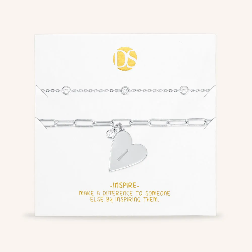 "Initial This" Set of Two Initial Heart & Stationed Layering Bracelets