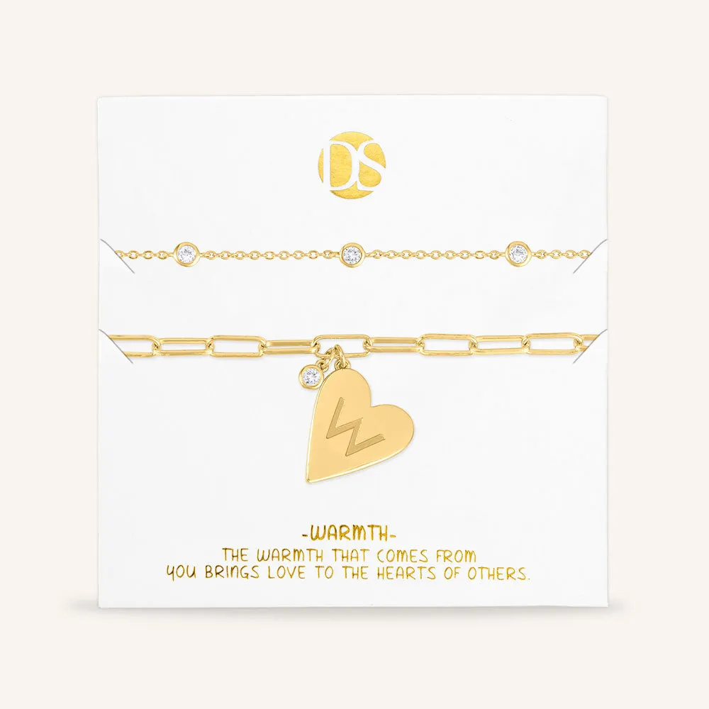 "Initial This" Set of Two Initial Heart & Stationed Layering Bracelets