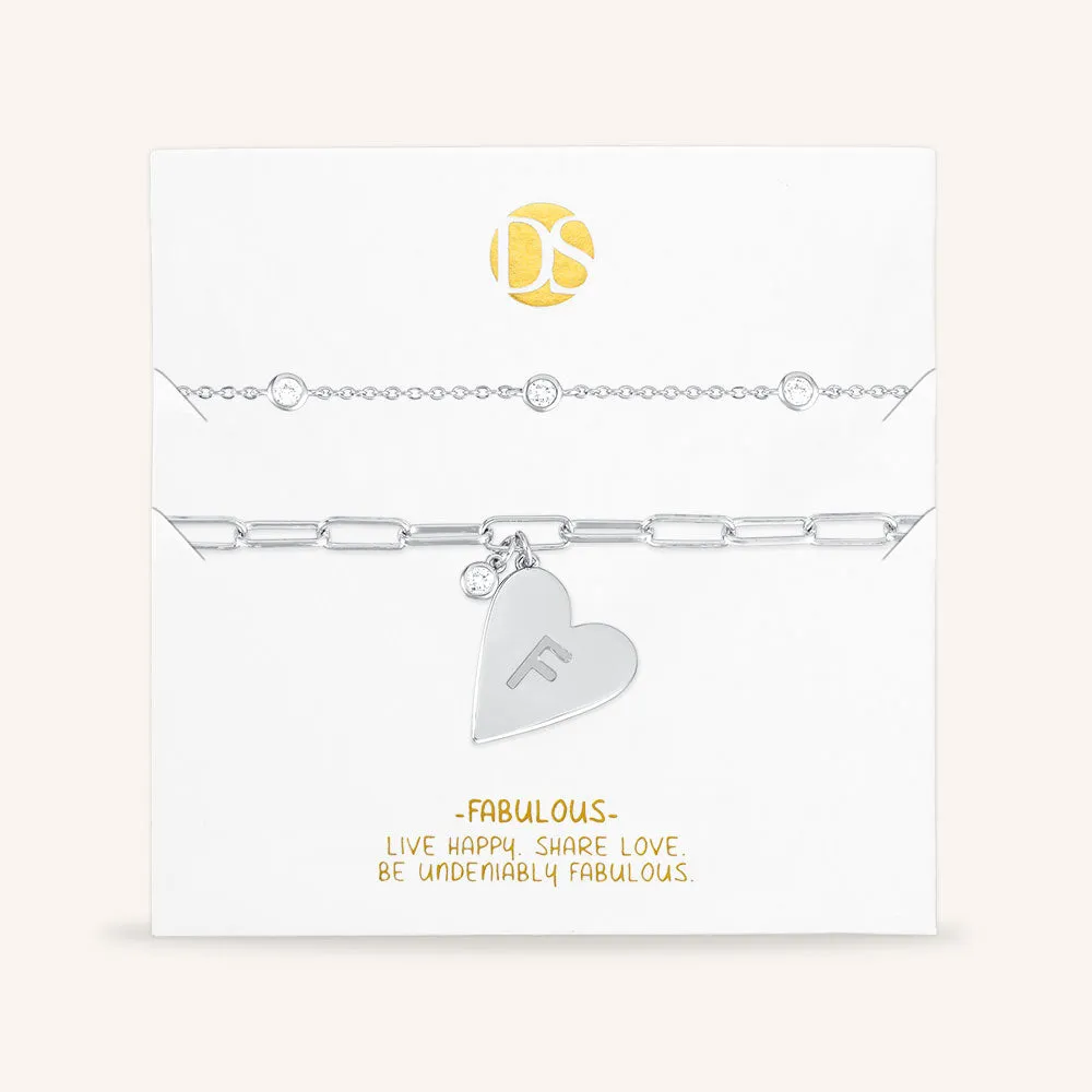 "Initial This" Set of Two Initial Heart & Stationed Layering Bracelets