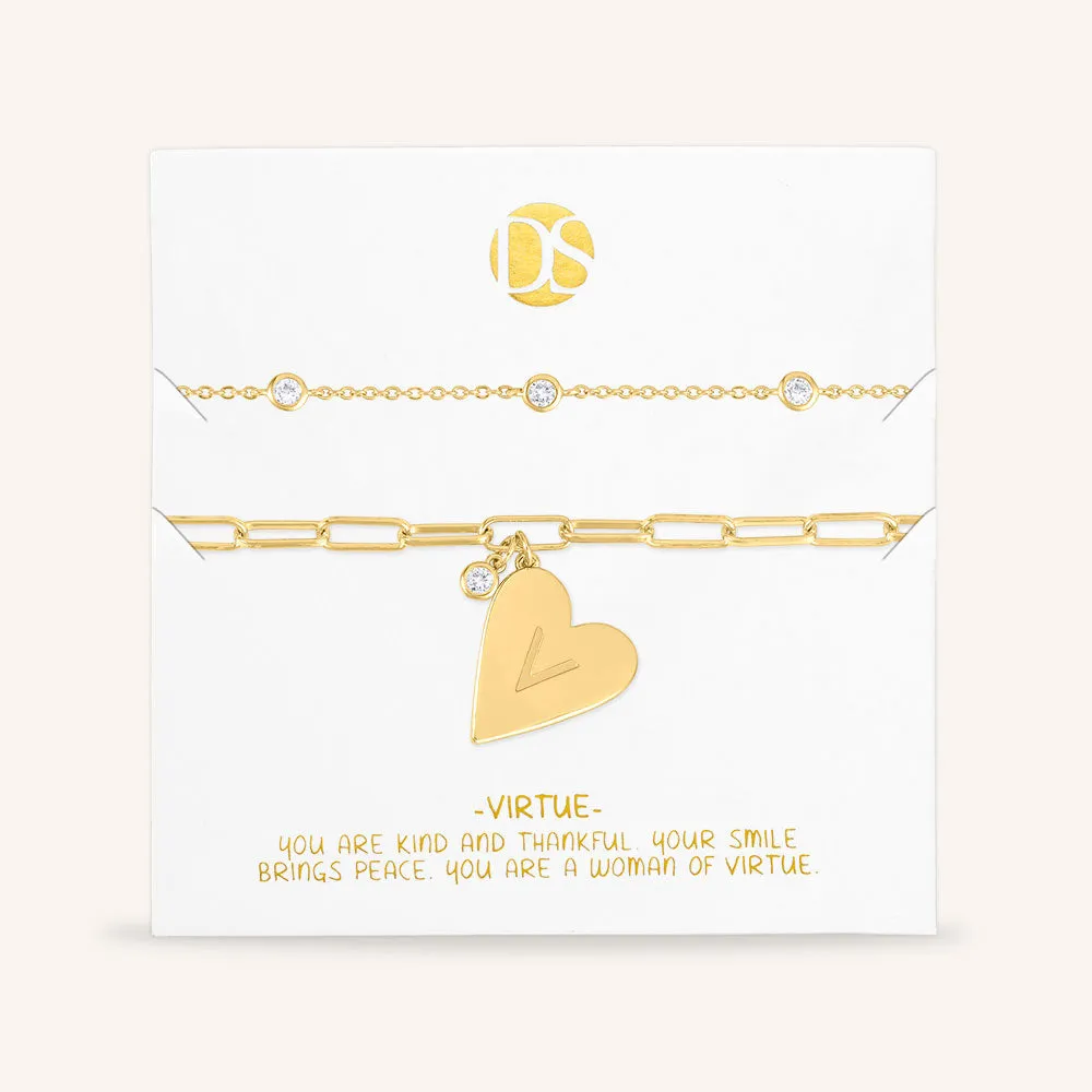 "Initial This" Set of Two Initial Heart & Stationed Layering Bracelets