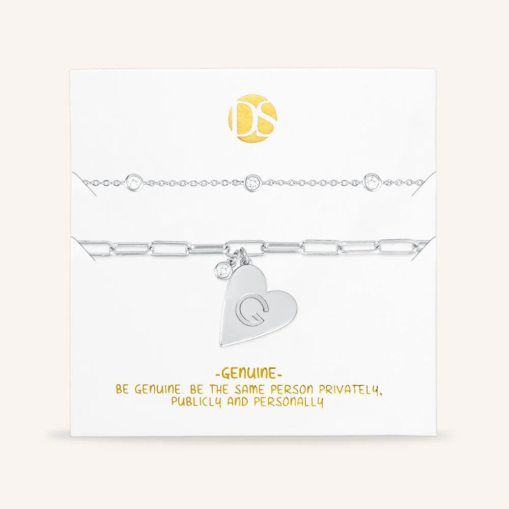 "Initial This" Set of Two Initial Heart & Stationed Layering Bracelets