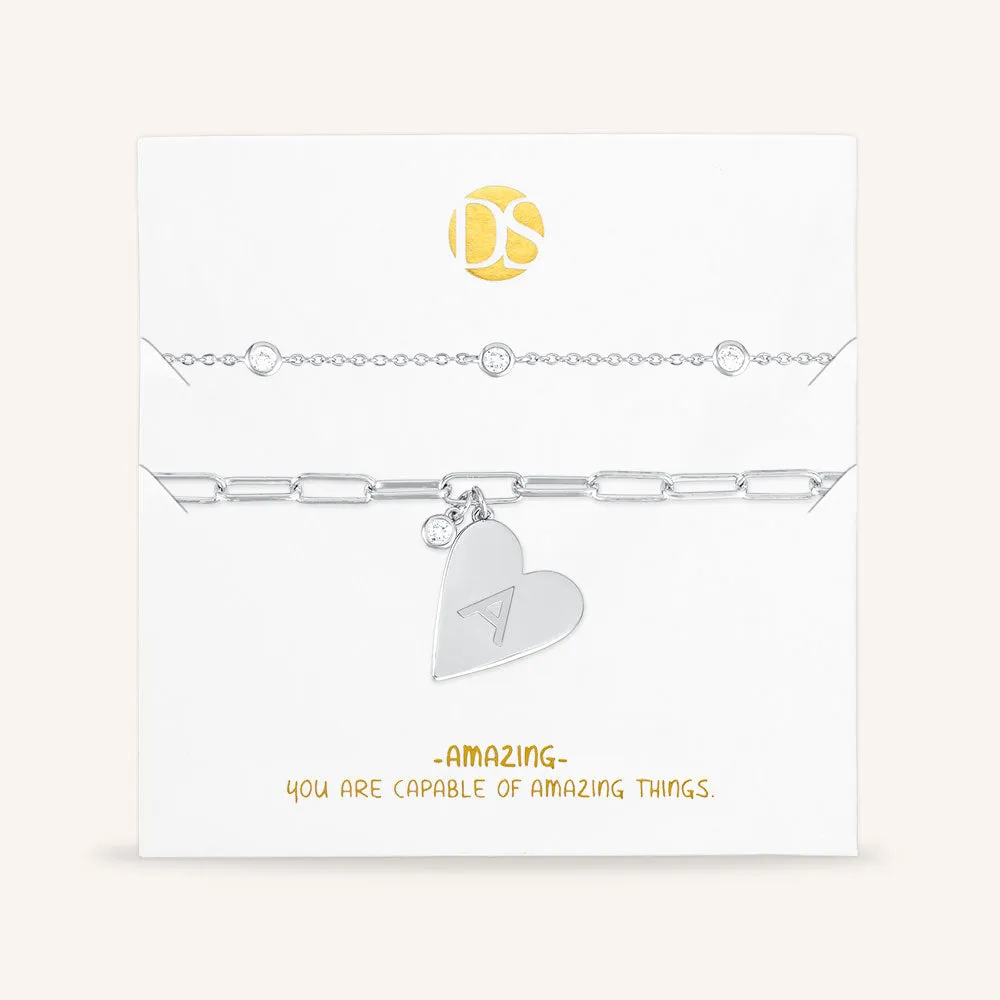 "Initial This" Set of Two Initial Heart & Stationed Layering Bracelets