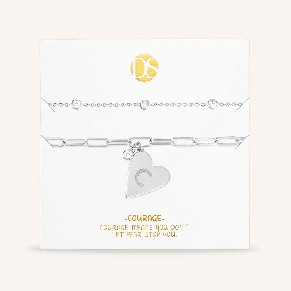 "Initial This" Set of Two Initial Heart & Stationed Layering Bracelets