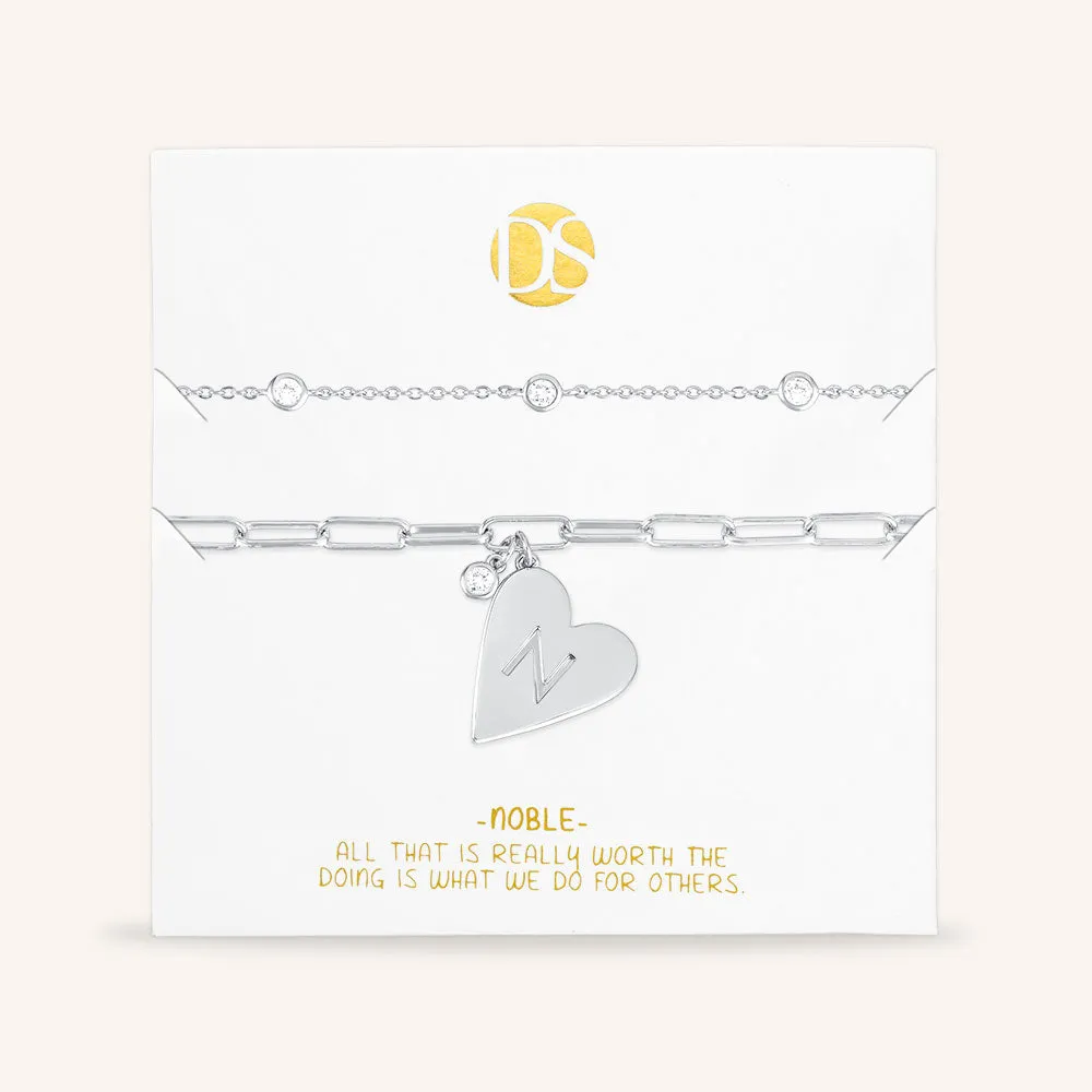 "Initial This" Set of Two Initial Heart & Stationed Layering Bracelets