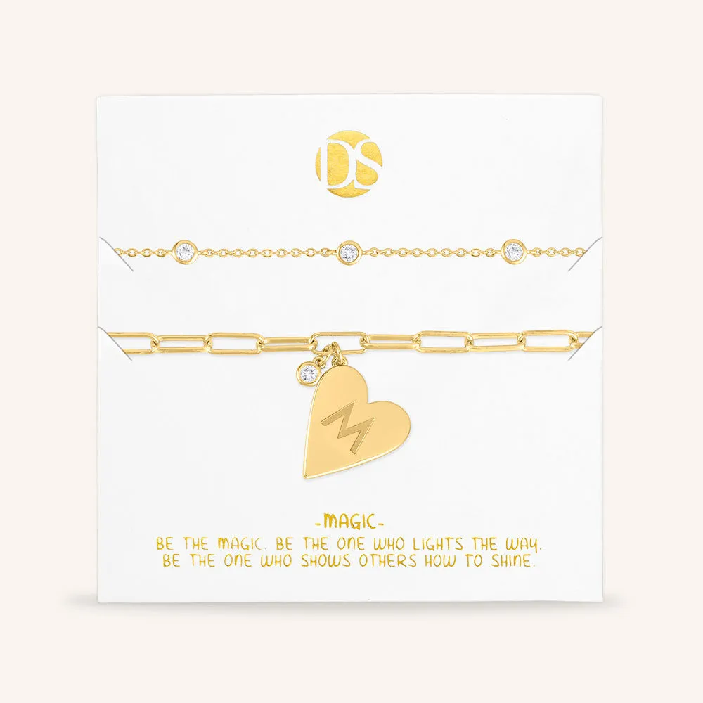 "Initial This" Set of Two Initial Heart & Stationed Layering Bracelets