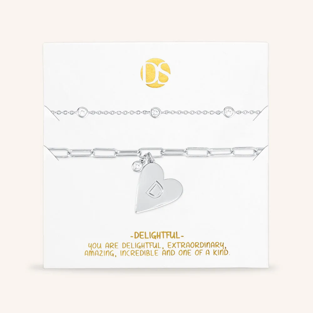 "Initial This" Set of Two Initial Heart & Stationed Layering Bracelets