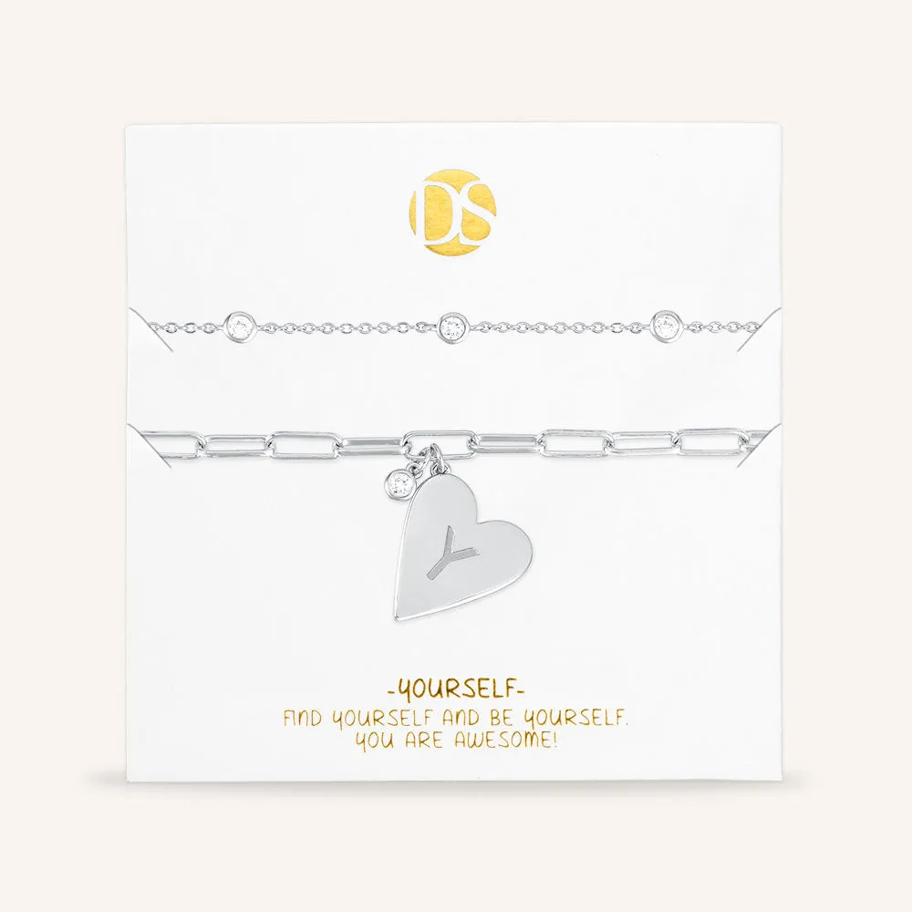 "Initial This" Set of Two Initial Heart & Stationed Layering Bracelets