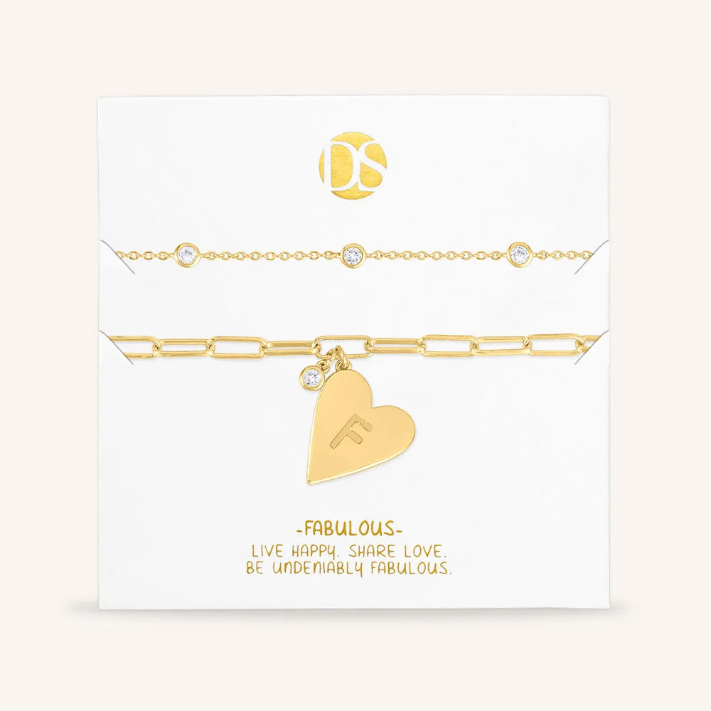 "Initial This" Set of Two Initial Heart & Stationed Layering Bracelets
