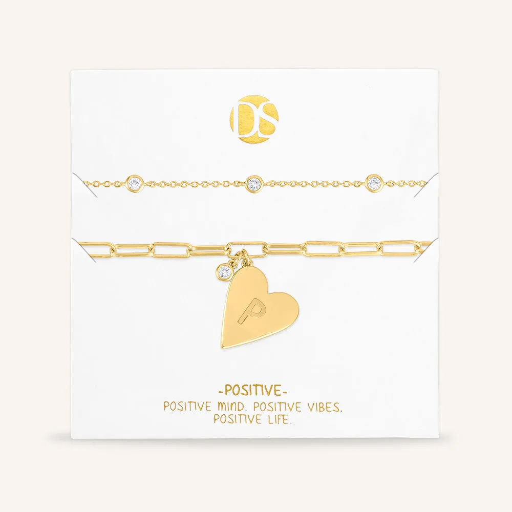 "Initial This" Set of Two Initial Heart & Stationed Layering Bracelets