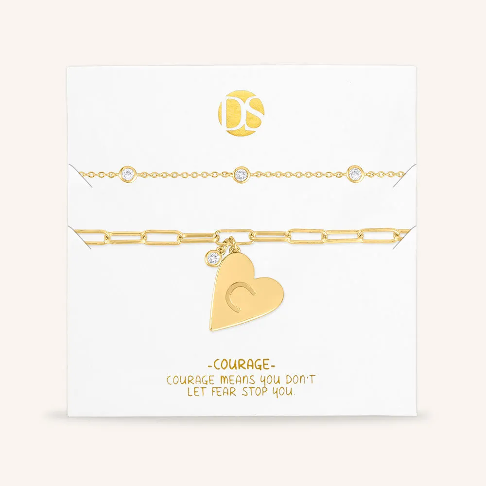 "Initial This" Set of Two Initial Heart & Stationed Layering Bracelets