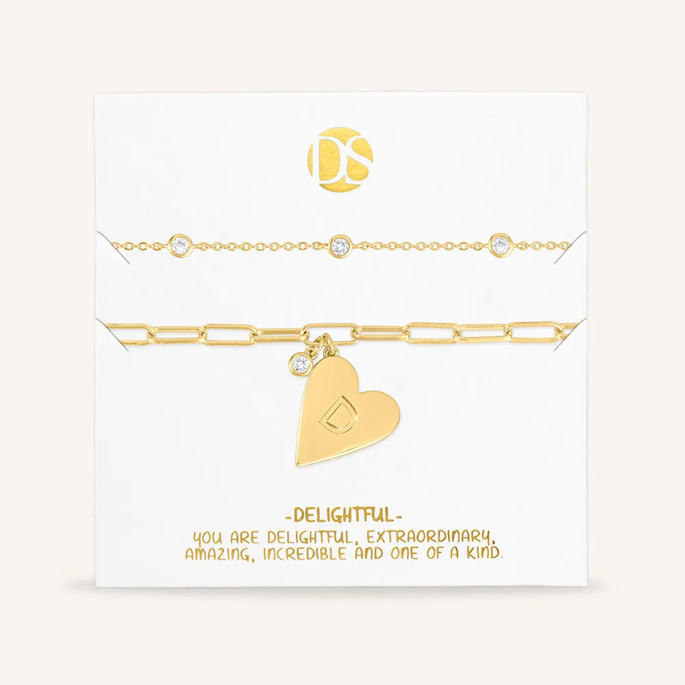 "Initial This" Set of Two Initial Heart & Stationed Layering Bracelets